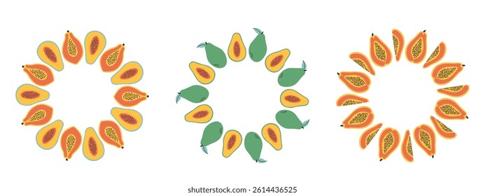 Fruit frame set. Papaya design template, copy space. Cute hand drawn fruits round frame in doodle style. Circular template. Hand drawn fruits circle border.