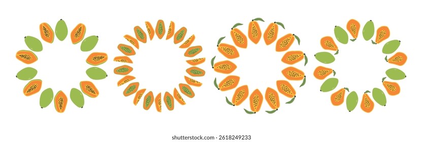 Fruit frame set. Papaya design template with copy space. Circular template. Hand drawn doodle border. Suitable for summer posters, banners, invitations, packaging and branding.