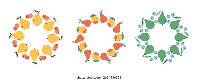 Fruit frame set. Pear design template, copy space. Cute hand drawn fruits round frame in doodle style. Circular template. Hand drawn fruits circle border.