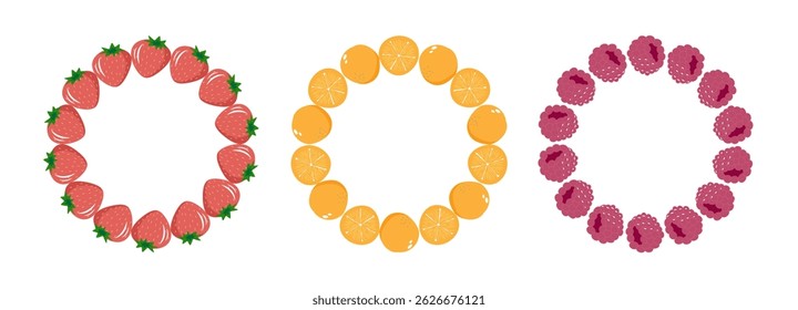 Fruit frame set. Round wreath, border of fruits. Fruits icons. Hand drawn Fruits circle border. 