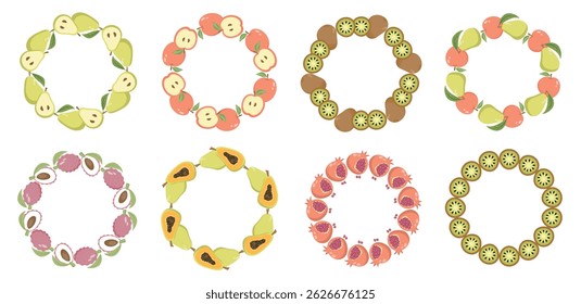 Fruit frame set. Round wreath, border of fruits. Fruits icons. Hand drawn Fruits circle border. 