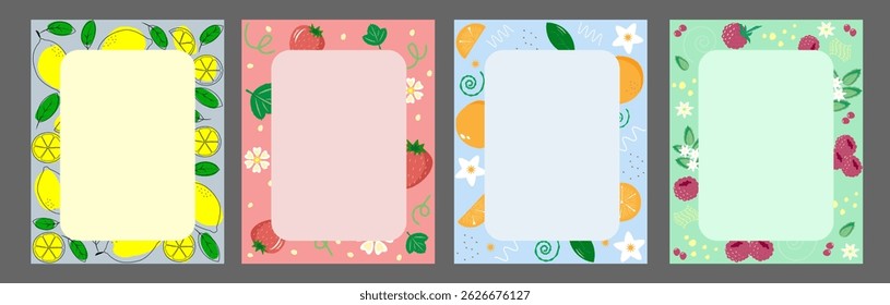 Fruit frame set. Round wreath, border of fruits. Fruits icons. Hand drawn Fruits circle border. 
