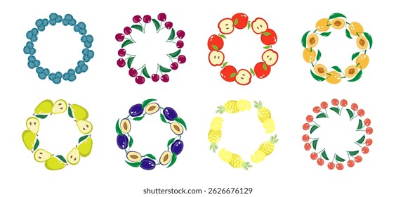 Fruit frame set. Round wreath, border of fruits. Fruits icons. Hand drawn Fruits circle border. 