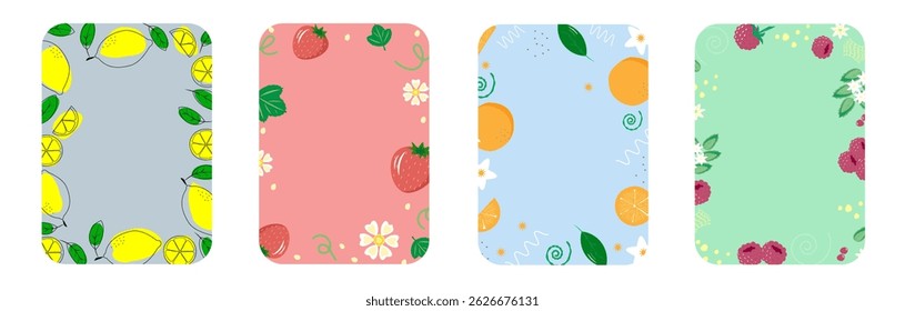 Fruit frame set. Round wreath, border of fruits. Fruits icons. Hand drawn Fruits circle border. 