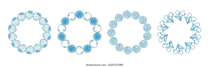 Fruit frame set. Round wreath, border of fruits. Fruits icons. Hand drawn Fruits circle border.