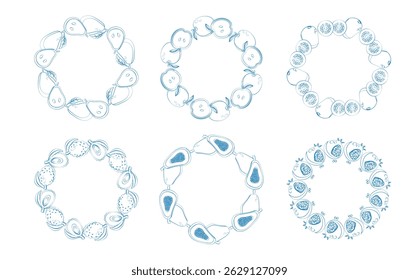 Fruit frame set. Round wreath, border of fruits. Fruits icons. Hand drawn Fruits circle border.