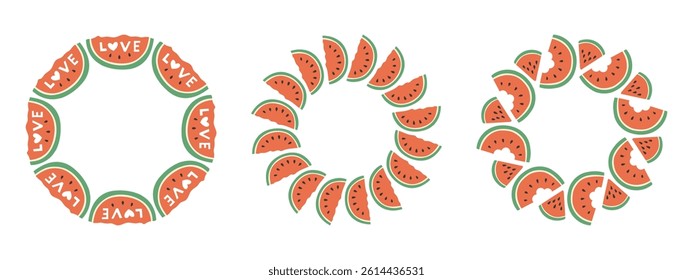 Fruit frame set. Watermelon design template, copy space. Cute hand drawn fruits round frame in doodle style. Circular template. Hand drawn fruits circle border.