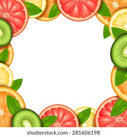 Fruit frame with sliced orange kiwi lemon and grapefruit border vector illustration