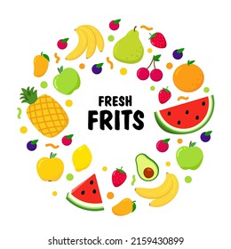 Fruit frame with text fresh fruit. bright colors circle background with fruits. Set fruits are pineapple, mango, watermelon, banana, pear, strawberry. vector illustration in flat style isolated. 