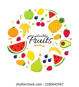 Marco de fruta con fruta sana de texto. Arrojar las frutas de verano en círculo. Fresa, cereza, sandía, manzana, pera, plátano, naranja, limón, piña. ilustración vectorial en estilo plano. 