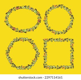 Fruit frames set, vector graphic illustration with oval, round and square borders for vegetarian food on bright yellow backdrop