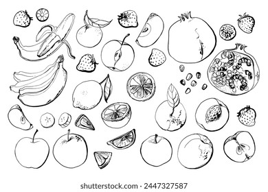 Fruit. Fresh food. Lemon, orange, banana line drawn on a white background. Vector illustration. Coloring for adults	
