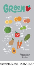 fruit fresh green lemon broccoli carrot apple cute design food healthy 