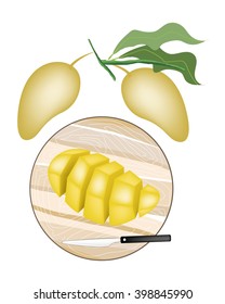 Fruit, Fresh Ripe and Sweet Mango on Wooden Cutting Board.