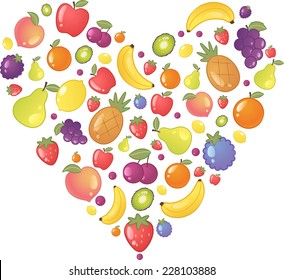 Fruit Fruits Heart Shape, with heart made of apple, peach, pear, lemon, grape, strawberry, bananas, pineapple. Vector Illustration cartoon.