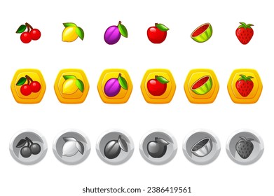 Fruit game icons for casino slot machine, gambling, lotteries or mobile puzzle ui elements.