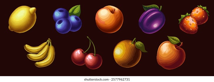 Fruit game icons for casino, slot machine, lemon, blueberry, peach, plum, strawberry, banana, cherry, orange, apple. Vector items for lottery and gambling