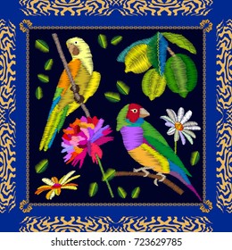 Fruit garden and birds. Silk scarf with parrots, lemons and flowers. Stylized embroidered texture. Vintage textile collection.