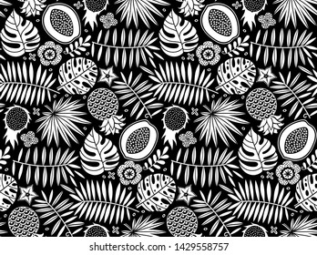 Fruit garden pattern. Vector seamless pruits, palm leaves, exotic flowers background. Botanical black and white illustration.

