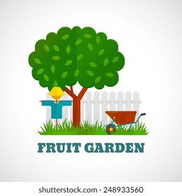 Fruit garden poster with tree scarecrow wheelbarrow on the lawn and fence vector illustration