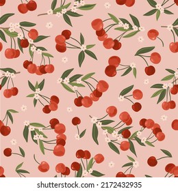 Fruit Garden seamless pattern, hand drawn vector branch with fruits, flowers and leaves digital paper, repeating background for fabric, textile, wallpaper, stationery