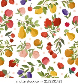 Fruit Garden seamless pattern, hand drawn vector branch with fruits, flowers and leaves digital paper, repeating background for fabric, textile, wallpaper, stationery