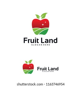 Fruit gardens and farming vector logo, label, emblem design. Fields landscape in apple shape. Concept for agriculture, harvesting, gardens, natural farm, organic products.