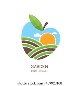 Fruit gardens and farming vector logo, label, emblem design. Fields landscape in apple shape. Concept for agriculture, harvesting, gardens, natural farm, organic products.
