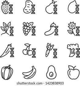 Fruit genetics line icon set. Eggplant, lemon, dna spiral, vegetables. Food concept. Can be used for topics like genetics, agriculture, GM food