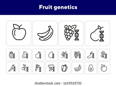 Fruit genetics line icon set. Eggplant, lemon, dna spiral, vegetables. Food concept. Can be used for topics like genetics, agriculture, GM food