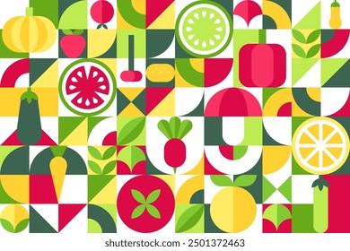Fruit Geometric Bauhaus Background in Mosaic Block Style, Seamless Pattern for Backdrops, Greeting Cards, and Geometry-Ornamented Retro Modern Design