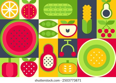 Fruit Geometric Bauhaus Background in Mosaic Block Style, Seamless Pattern for Backdrops, Greeting Cards, and Geometry-Ornamented Retro Modern Design