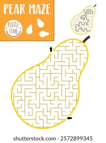 Fruit geometrical maze for kids. Preschool printable activity shaped as pear. Capybara food labyrinth game or puzzle for children