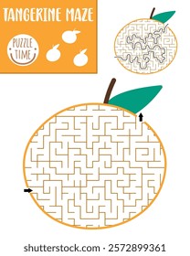 Fruit geometrical maze for kids. Preschool printable activity shaped as orange or tangerine. Capybara food labyrinth game or puzzle for children