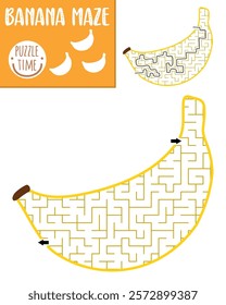 Fruit geometrical maze for kids. Preschool printable activity shaped as banana. Capybara food labyrinth game or puzzle for children