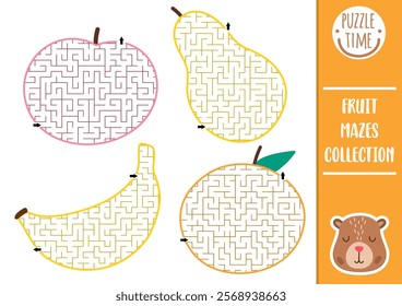 Fruit geometrical maze set for kids. Preschool printable activity shaped as apple, pear, tangerine, banana. Capybara food labyrinth game or puzzle collection for children