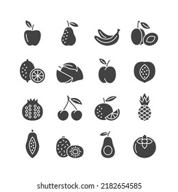 Fruit glyph icon set. Flat symbol of apple, pear, banana, pineapple, lemon, orange, cherry. Vector illustration.