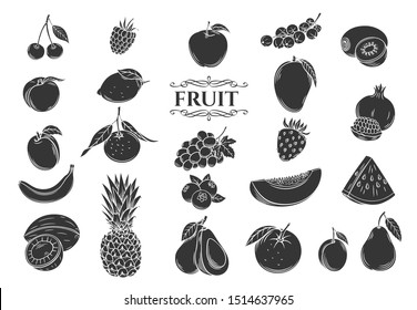 Fruit glyph icons set. Decorative retro style collection isolated fruits and berries for shop design. Vector illustration.