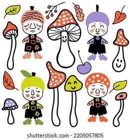 Fruit gnomes and mushrooms doodle clipart collection. Perfect for posters, greeting cards, T-shirt, stickers and print. Isolated vector illustration for decor and design.



