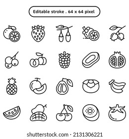 Icono vectorial de frutas para buena salud y antioxidantes conjunto en un estilo de contorno. Colección como moras, arándanos, fresas, mango maduro y ciruela. Curso editable 64x64 píxeles.