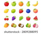 Fruit gradient 3D icon set featuring apple, orange, pear, banana, lemon, lime, strawberry, blueberry, cherries, grapes, raspberry, mango, peach, watermelon, kiwi, coconut, avocado, dragon fruit, and green apple