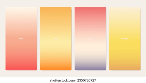 Fruit gradients set: ackee, orange, fig, pineapple. Pastel colors background. Vector illustration.