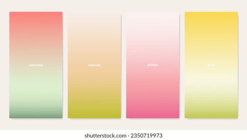 Fruit gradients set: watermelon, ambarella, pitahaya, durian. Pastel colors background. Vector illustration.