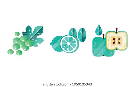 Fruit with Grape Cluster, Lemon and Apple Vector Set
