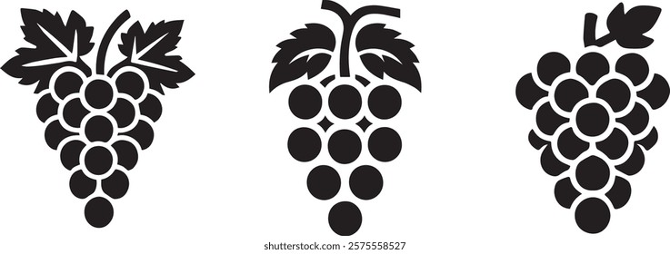 Fruit grapes bunch with leaves solid black bundle silhouette isolated on white background, clipart, logo icon