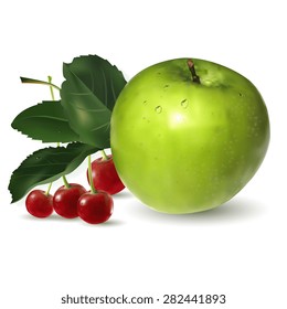Fruit green apple and cherry on a white background