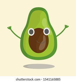 Fruit green avocado waving hands, smiling. Vector illustration in eps10, graphic design. Color icon