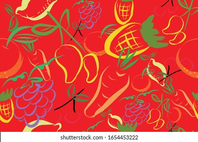  fruit with green leaves seamless pattern on red background