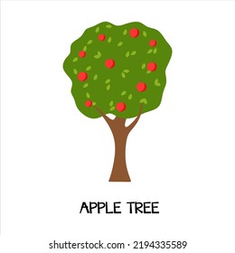 Grüner Obstbaum im flachen Cartoon-Stil. Baumapfel mit reifen Früchten. Obstbaumapfel. Symbol für natürliche Ernte. Einzelne Vektorgrafik