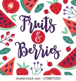 Fruit greeting card with apple, watermelon, strawberries, red berries on white background. Food frame. Perfect for summer holidays, jam and juice. Vector illustration
